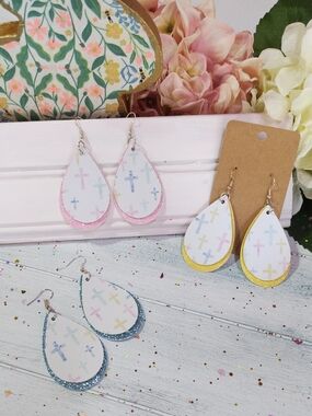 1 Pair Faux Leather Pastel Cross Double-Layer Teardrop Earrings